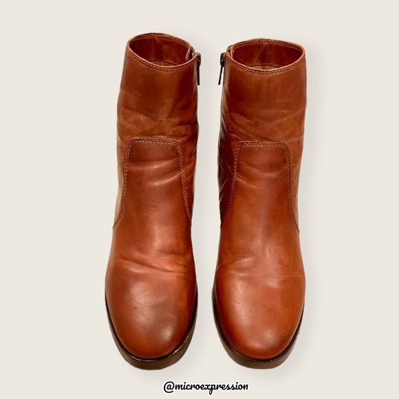 $389 Frye Joan Campus Cognac Brown Side Zip Leather Block Heel Cute Ankle Bootie - Picture 6 of 14